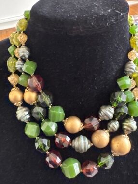 vintage glass and stone Multi-Strand Green and Gold Statement Necklace